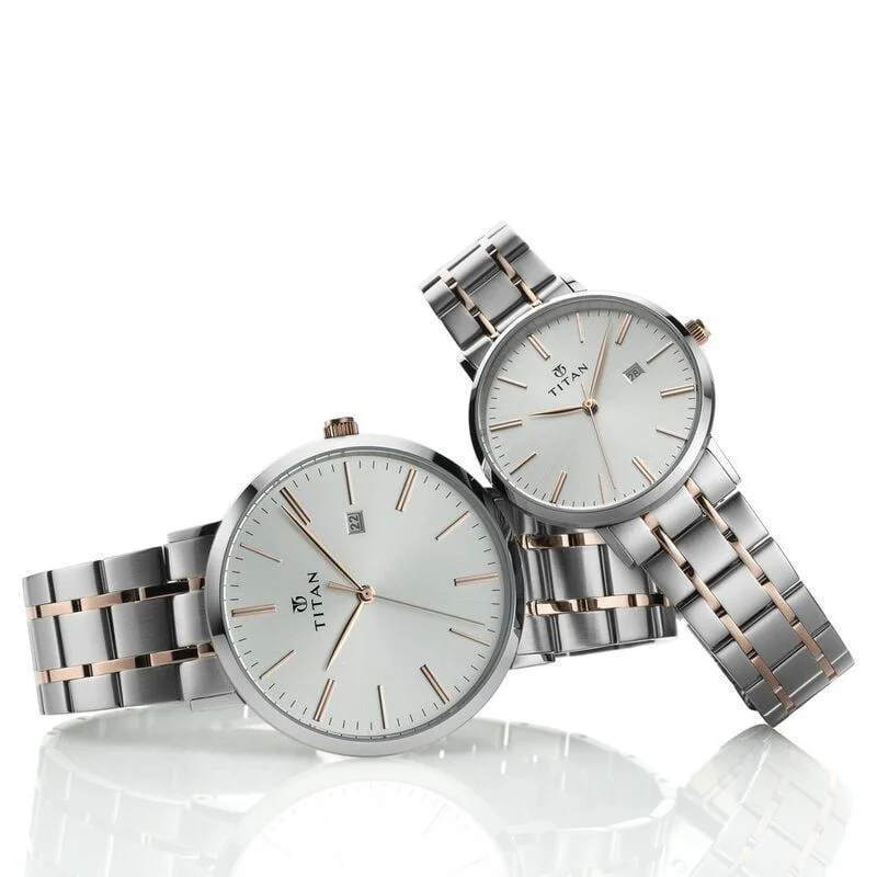 Titan Quartz Analog with Date Silver Dial Stainless Steel Strap Watch for Couple (NS9400294202KM01P)