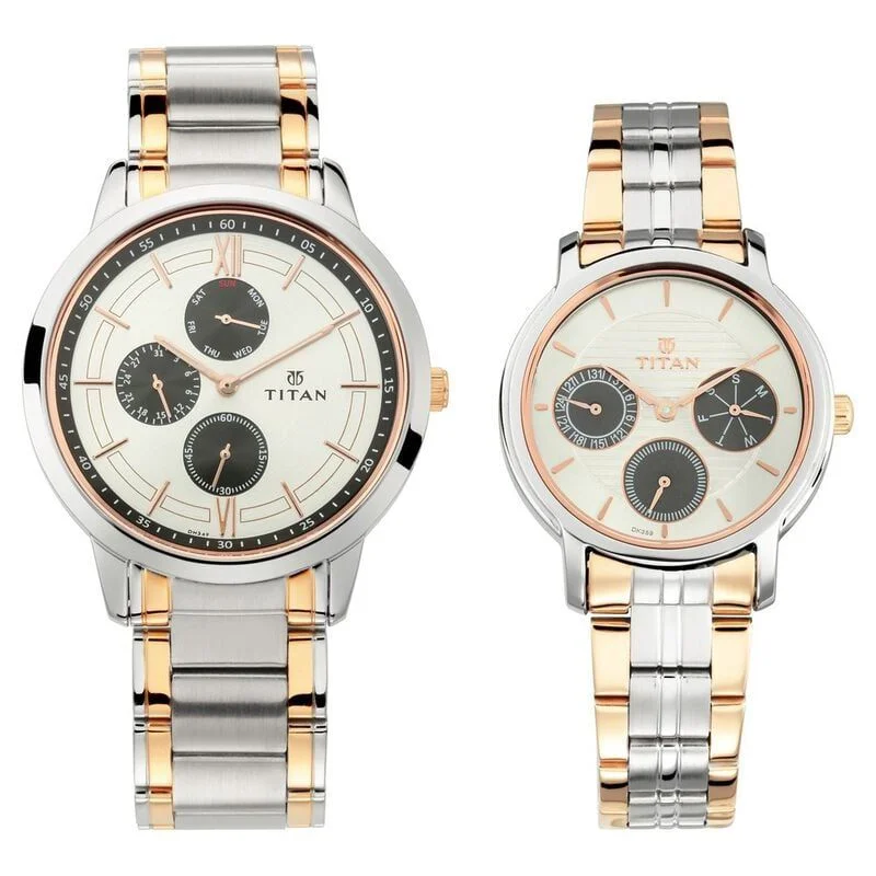 Titan Bandhan Silver Dial Quartz Multifunction Steel Strap Couple Watch (NS17692589KM01P)