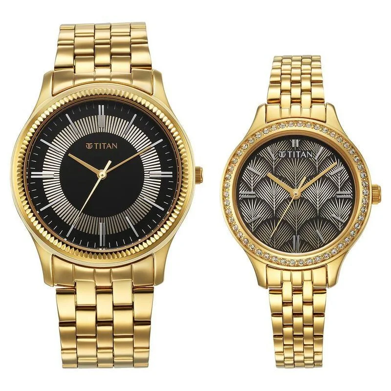 Titan NS18242712YM02P Karishma Bandhan Black Dial Analog Stainless Steel Strap Watch for Couple