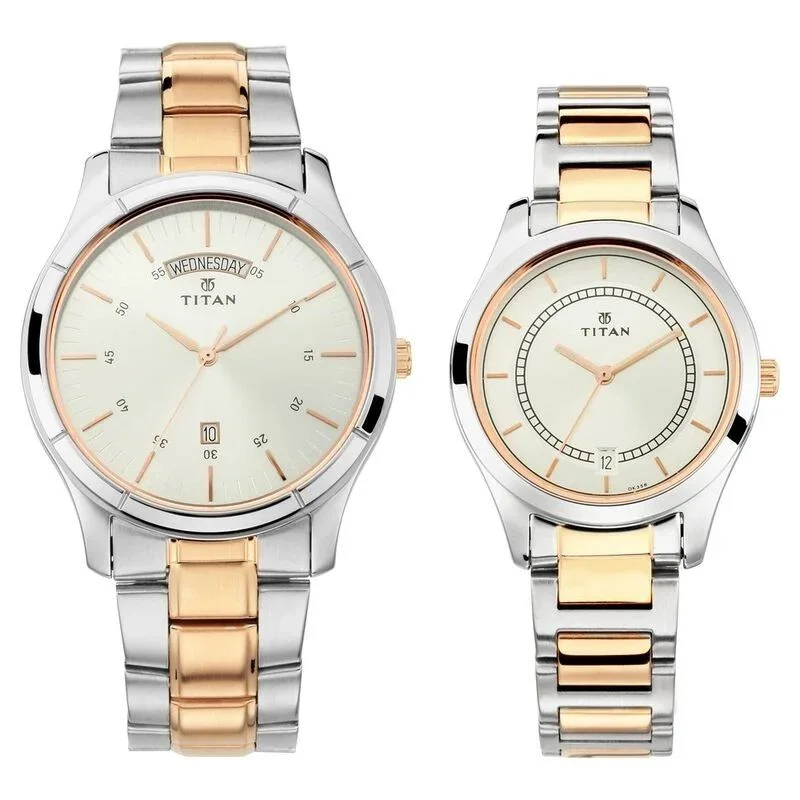 Titan NS17672596KM01P Quartz Analog Silver Dial Stainless Steel Strap Watch for Couple
