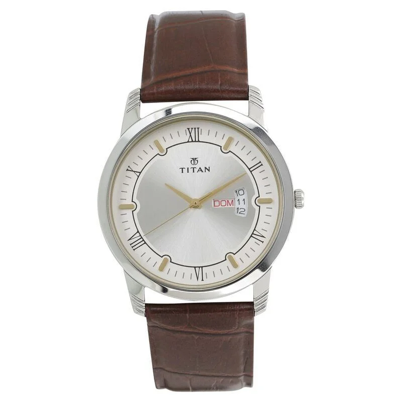 Titan Quartz Analog with Day and Date Silver Dial Leather Strap Watch (NS1774SL01)