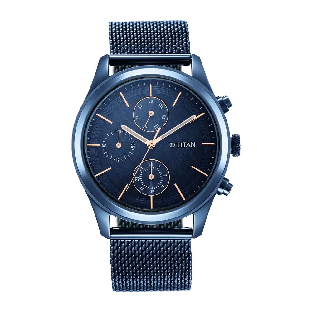 Titan Men's Sartorial Neo Splash: Blue Dial Multifunction Watch with Mesh Strap (NS1805QM02)