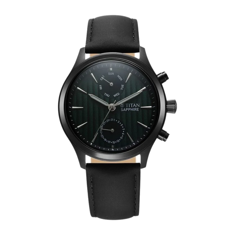 Titan Sapphire Multifunction Quartz Analog with Day and Date Green Dial Leather Strap Watch for Men 1874NL01