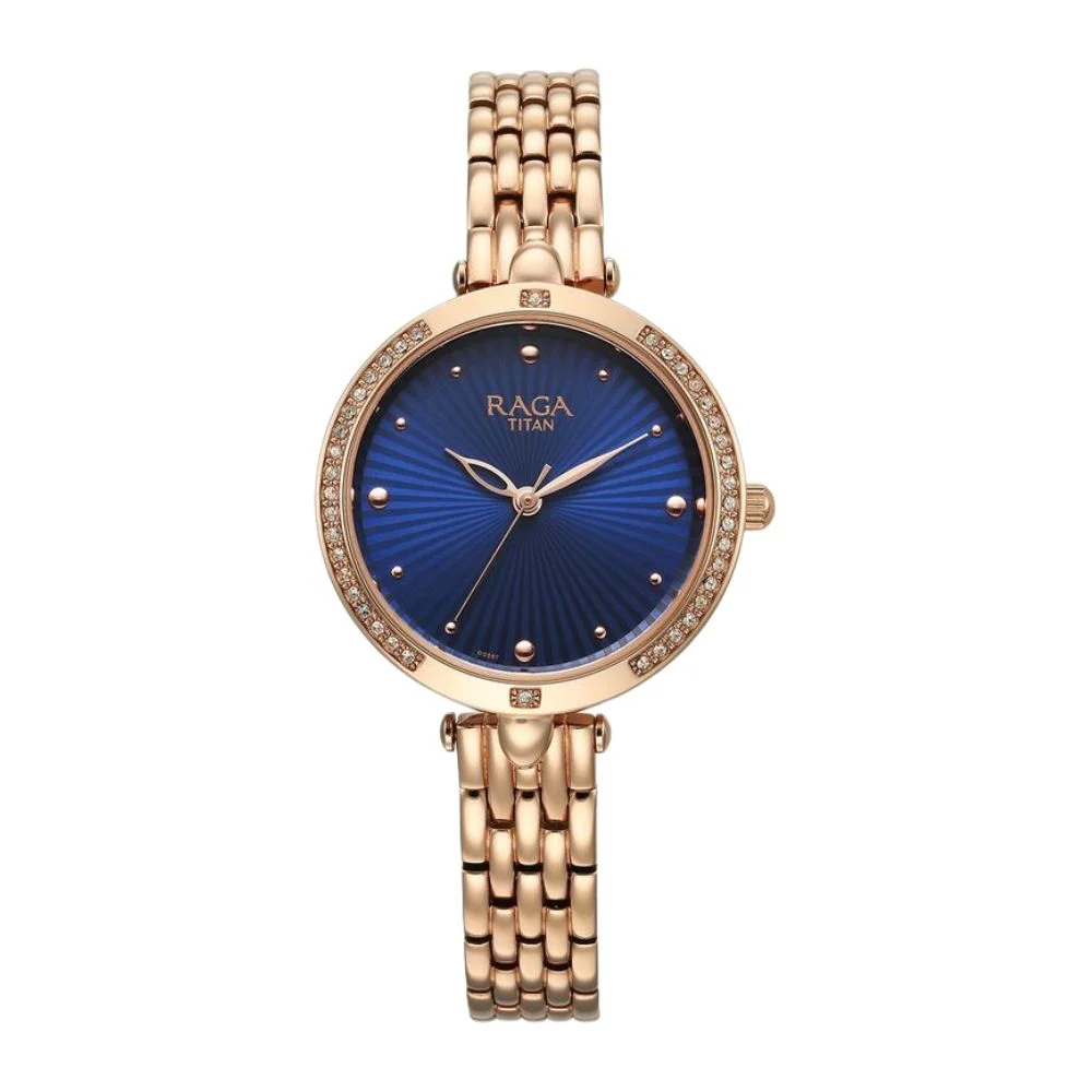 Titan Raga Showstopper Quartz Analog Blue Dial Metal Strap Watch for Women (NS95266WM01)