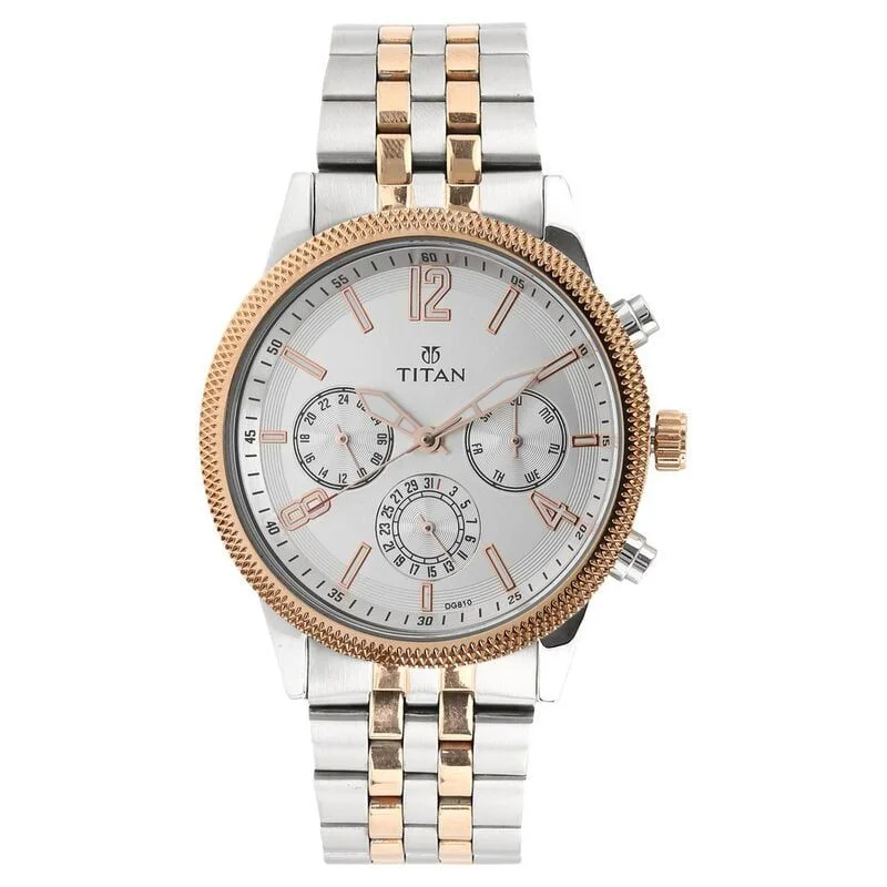 Titan Men's Metropolitan Luxe: Multifunction White Dial with Two-Tone Stainless Steel Bracelet Watch (NS1734KM02)