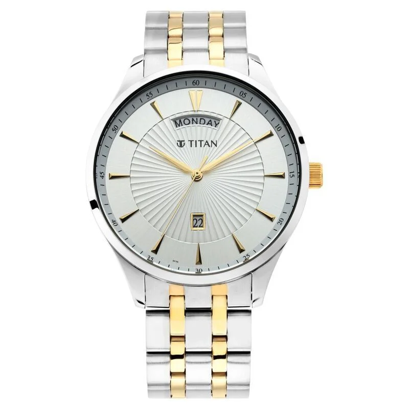 Titan Regalia Opulent White Dial Analog with Day and Date Stainless Steel Strap Watch for Men (NS90127BM01)