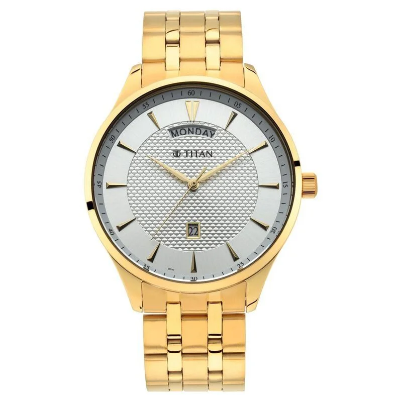 Titan Quartz Analog with Day and Date White Dial Stainless Steel Strap Watch for Men (NR90127YM01)