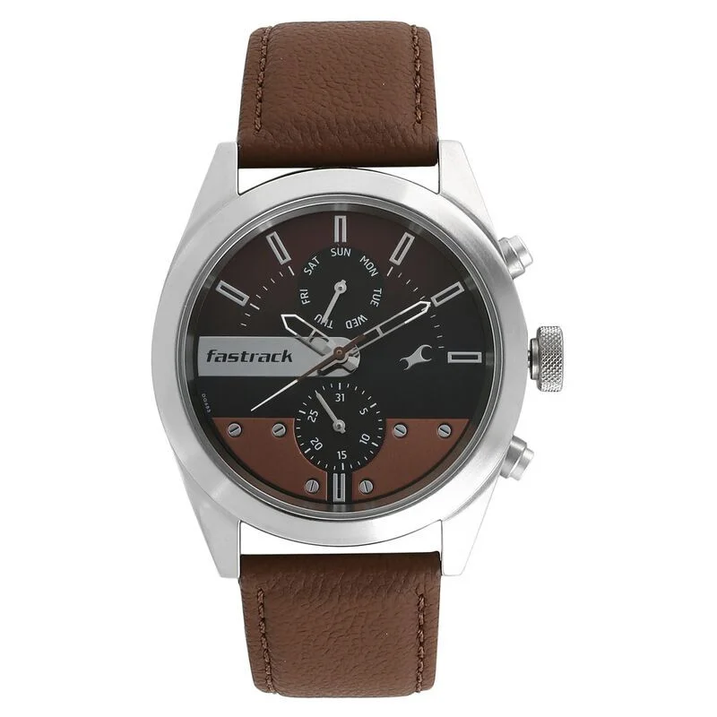 Fastrack All Nighters Quartz Multifunction Brown Dial Leather Strap Watch (NS3165SL01)