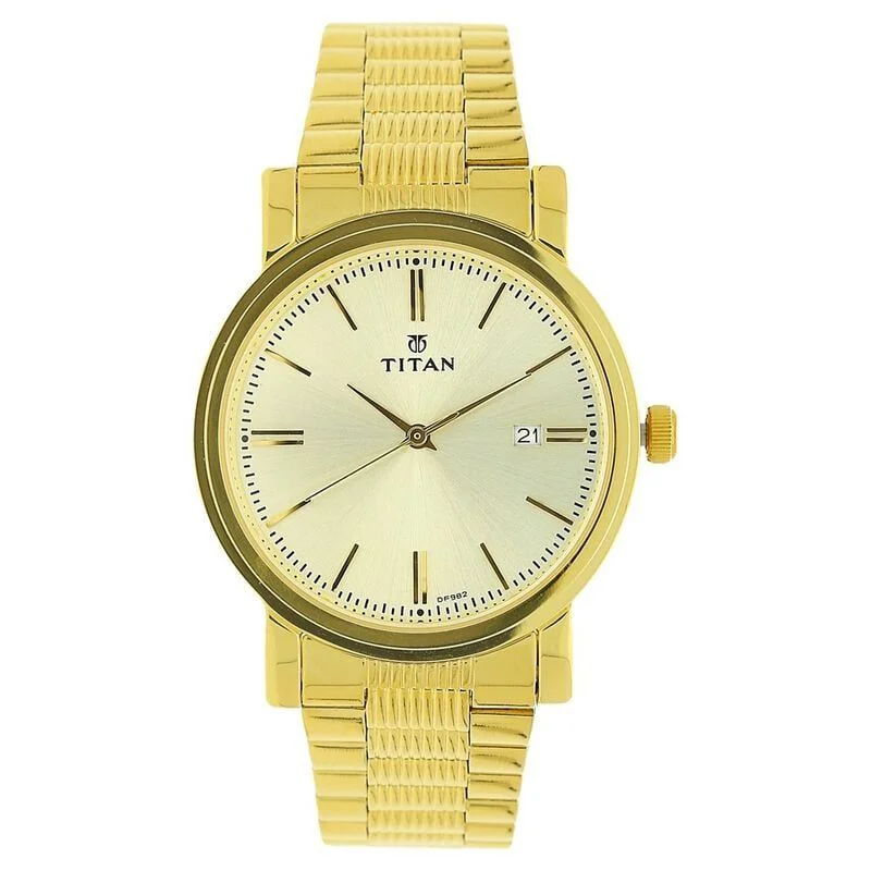 Titan Quartz Analog with Date Champagne Dial Stainless Steel Strap Watch for Men (NS1712YM03)