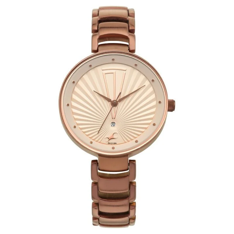 Fastrack Ruffles Quartz Analog with Date Beige Dial Stainless Steel Strap Watch for Girls (NS6216QM01)