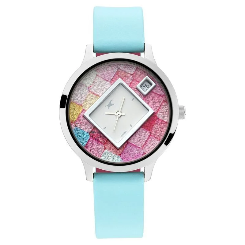 Fastrack Fit Outs Quartz Analog with Date Multicoloured Dial Leather Strap Watch for Girls (NR6210SL01)