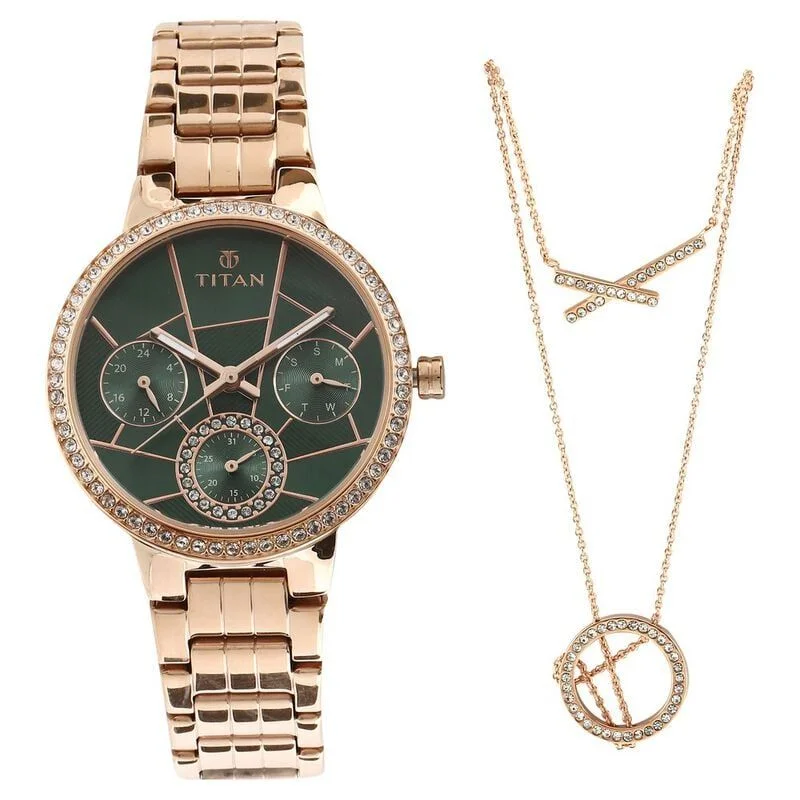 Titan Whimsy Green Dial Quartz Multifunction Stainless Steel Strap watch for Women (95058WM01F)