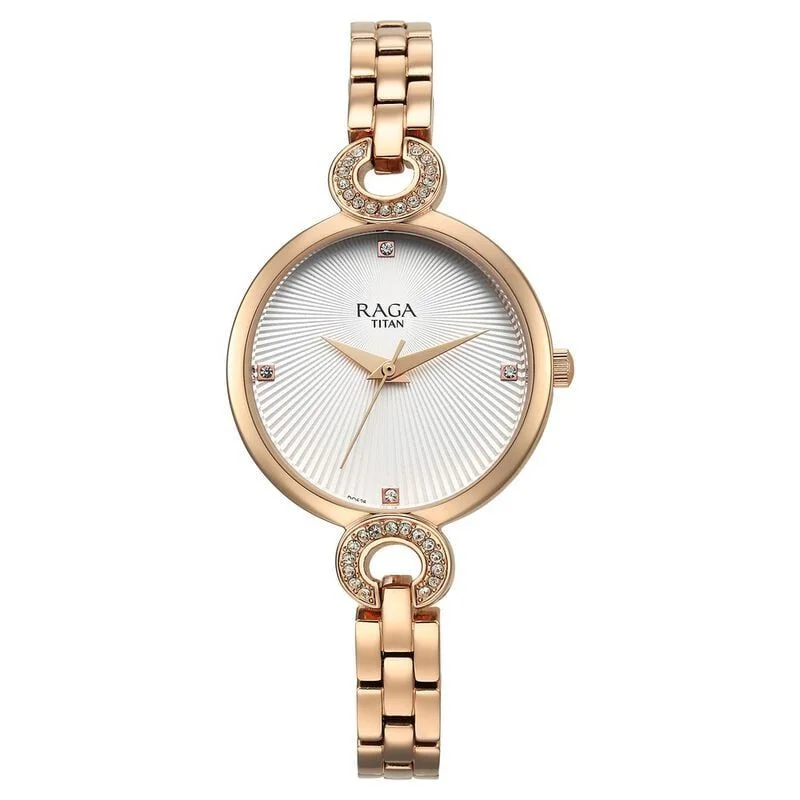 Titan Raga Showstopper Quartz Analog White Dial Metal Strap Watch for Women (95278WM01)