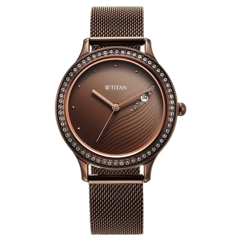 Titan Purple Glam It Up Brown Dial Analog with Date Stainless Steel Strap Watch for Women (NS2634QM01)