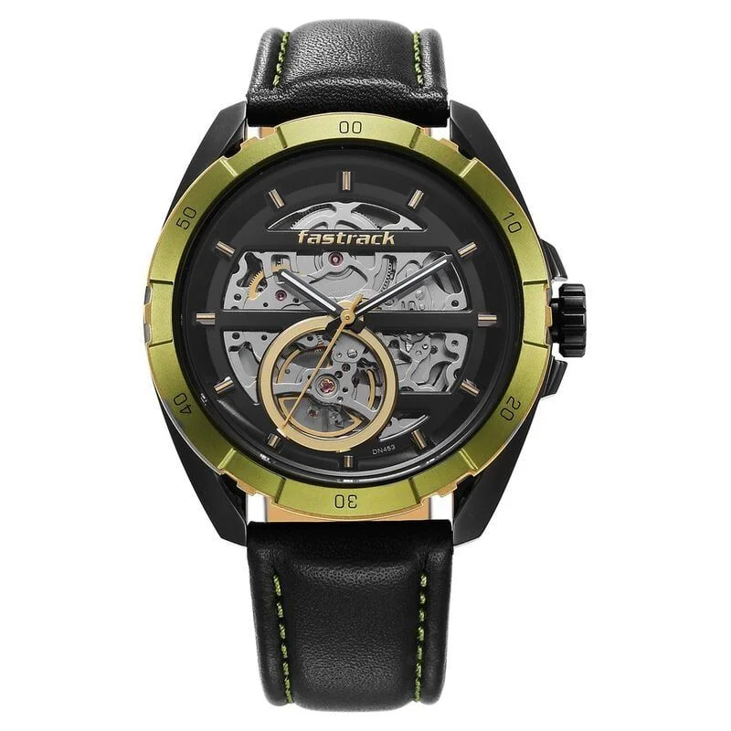 Fastrack Automatics Black Dial Leather Strap Watch for Guys (NS3297KL01)