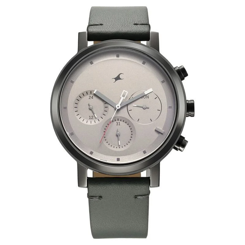 Fastrack Tick Tock Quartz Analog Grey Dial With Grey Leather Strap Watch for Guys (3287KL05)