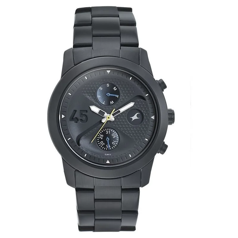 Fastrack Go Skate Quartz Multifunction Black Dial Stainless Steel Strap Watch for Guys (NS3216NM01)