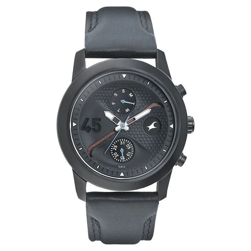 Fastrack Go Skate Quartz Multifunction Black Dial Leather Strap Watch for Guys (NS3216NL01)