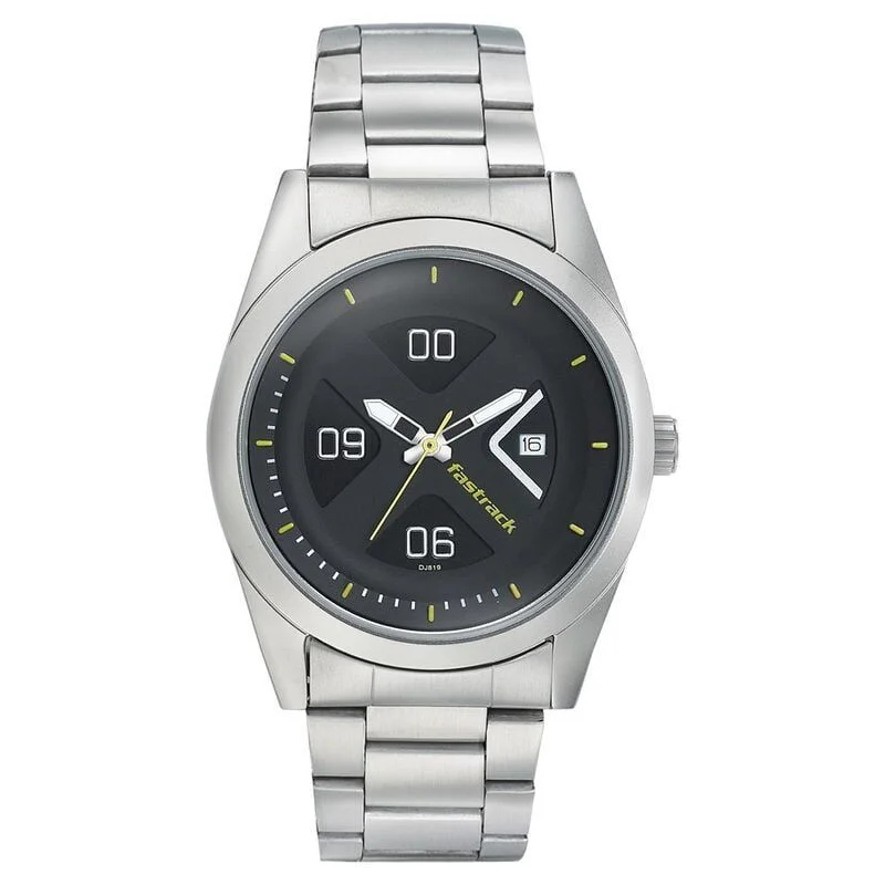 Fastrack Go Skate Quartz Analog with Date Black Dial Stainless Steel Strap Watch for Guys (NS3218SM02)