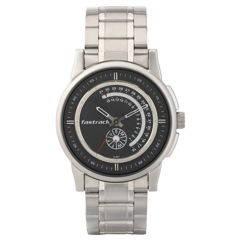 Fastrack Go Skate Quartz Analog with Day and Date Black Dial Stainless Steel Strap Watch for Guys (NS3215SM03)