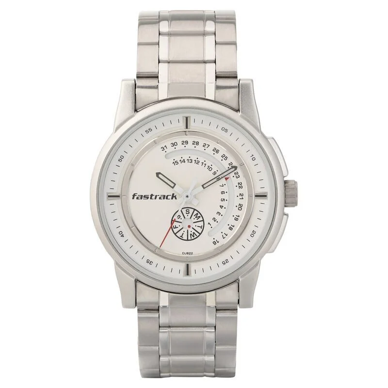 Fastrack Go Skate Quartz Analog with Day and Date White Dial Stainless Steel Strap Watch for Guys NS3215SM01