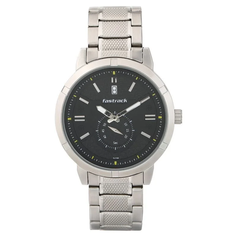 Fastrack Go Skate Quartz Analog with Day and Date Black Dial Stainless Steel Strap Watch for Guys (NR3219SM01)