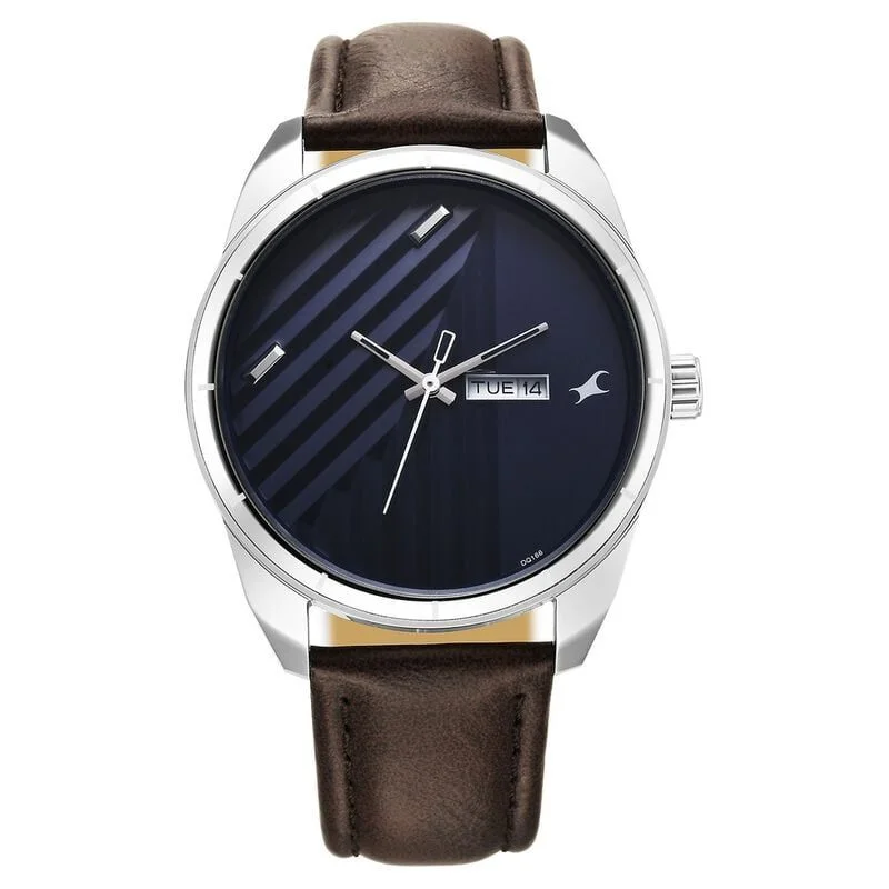Fastrack Fleek Quartz Analog with Day and Date Blue Dial Leather Strap Watch For Guys (3313SL01)