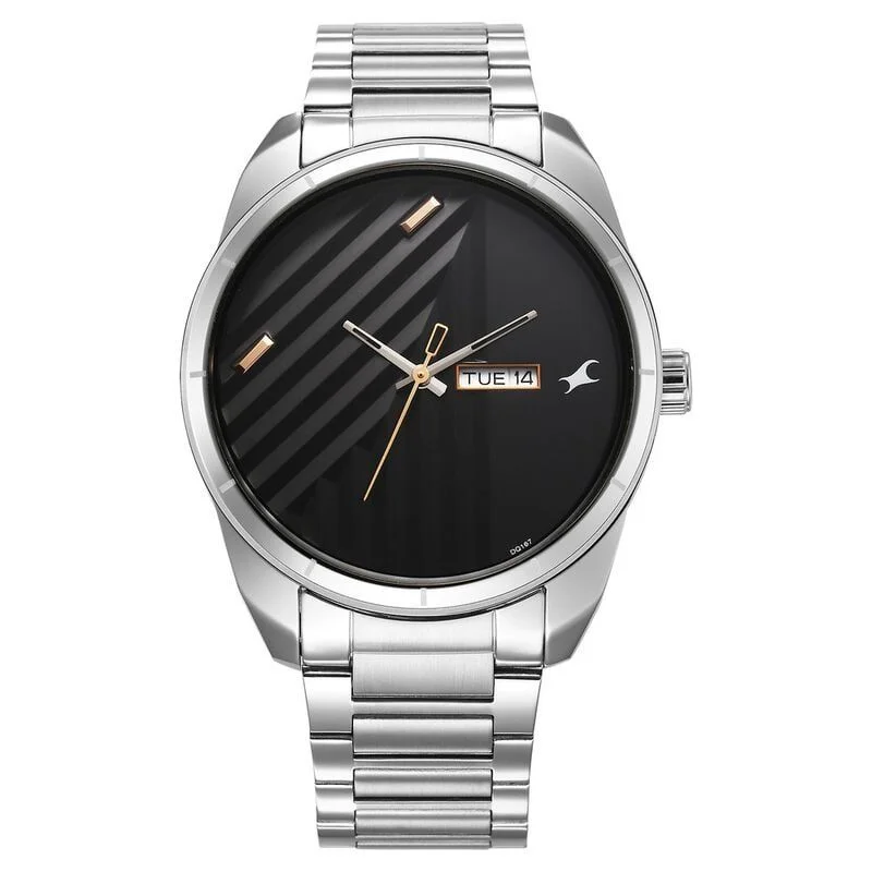 Fastrack Fleek Quartz Analog with Day and Date Black Dial Stainless Steel Strap Watch For Guys (3313SM01)