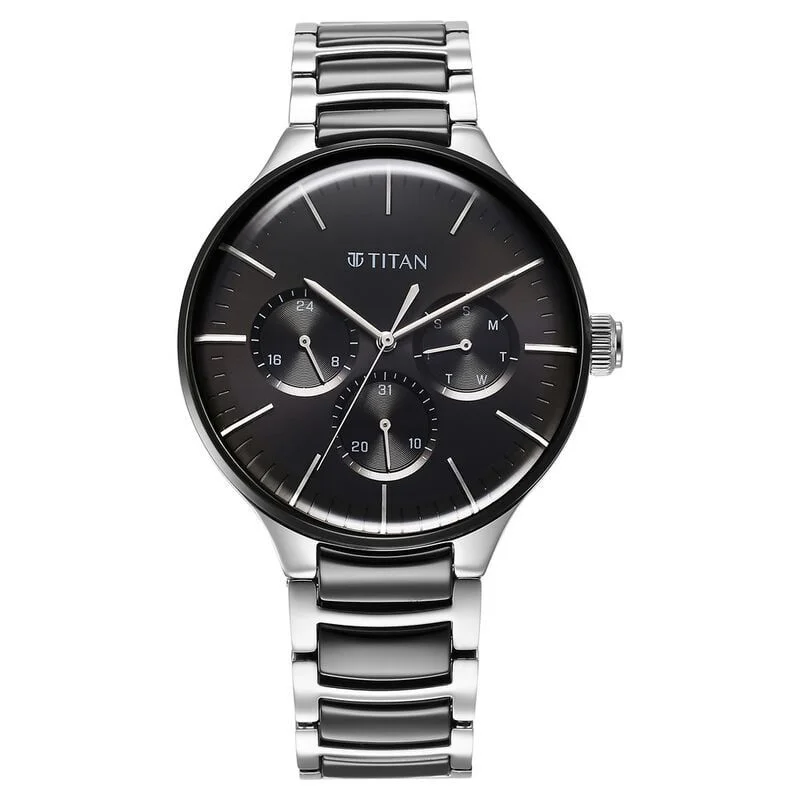 Titan Ceramic Fusion Quartz Multifunction Black Dial Silver Dual-Toned Stainless Steel Bracelet Watch for Men (NS90148KD01)