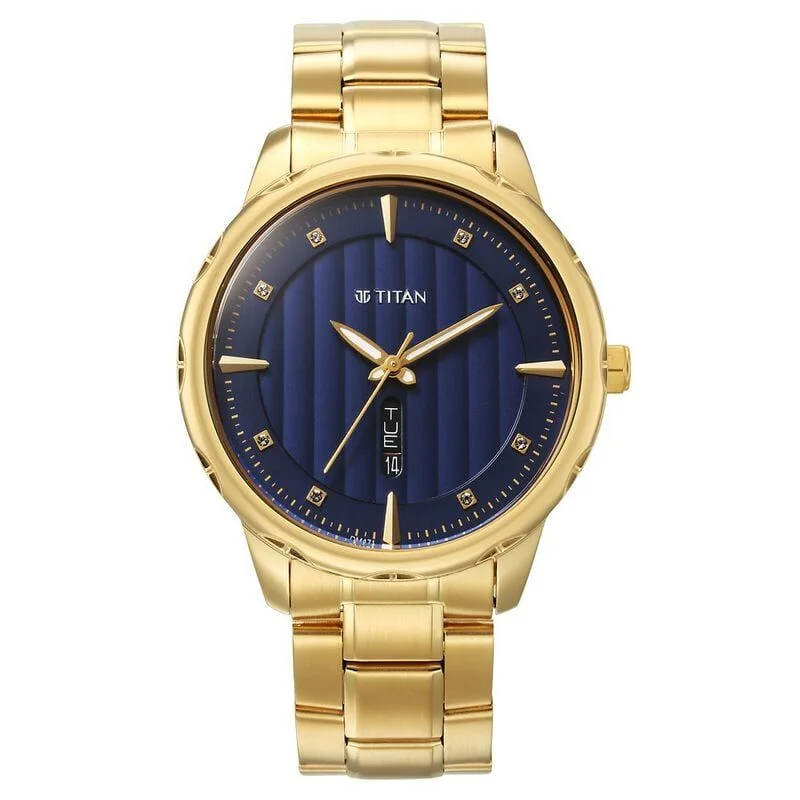 Titan Regalia Opulent Blue Dial Analog with Day and Date Metal Strap watch for Men (NS1875YM02)
