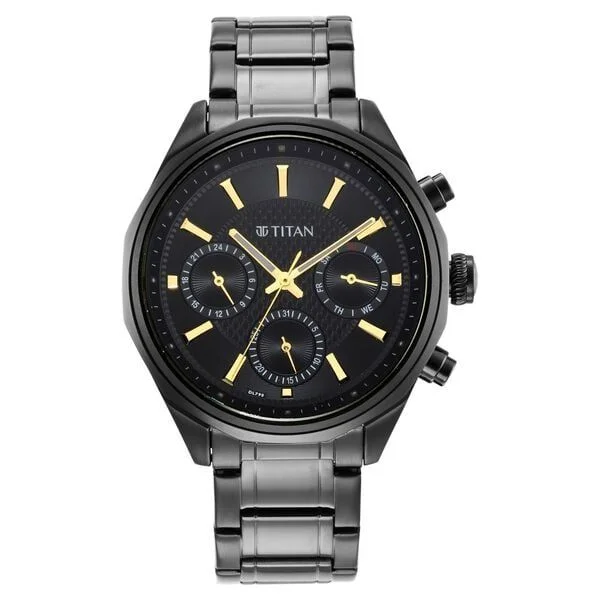 Titan Quartz Multifunction Black Dial Stainless Steel Strap Watch for Men (NS1829NM02)