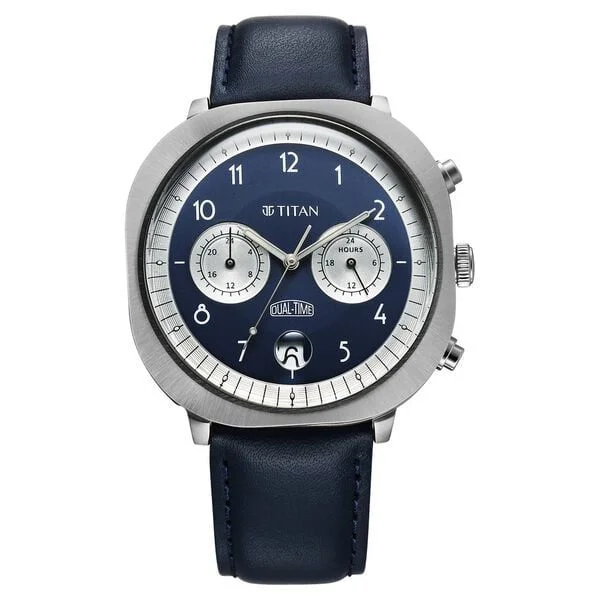 Titan Timeless Treasures Quartz Analog Dual Time Blue Dial With Blue Color Leather Strap Watch For Men (10022SL01)