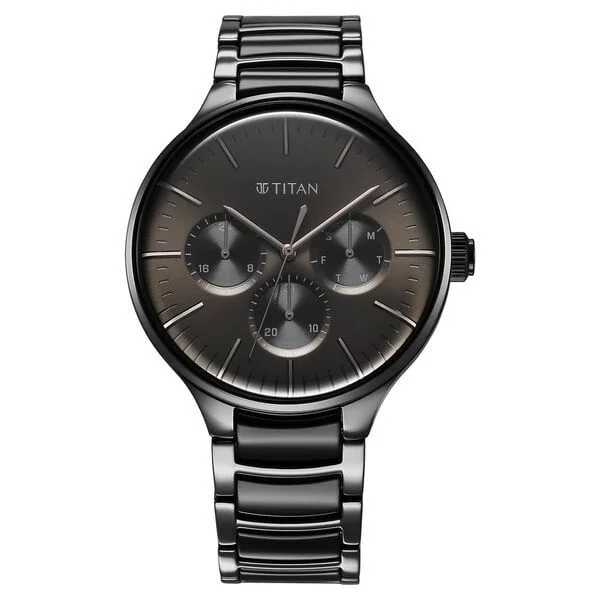 Titan Ceramic Fusion Quartz Multifunction Black Dial With Two Toned Color Stainless Steel Strap Watch For Men (90148KD06)