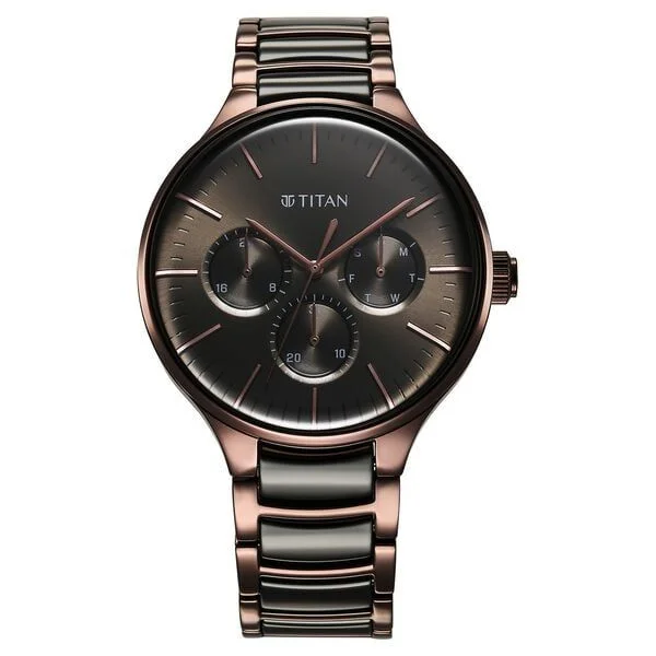 Titan Ceramic Fusion Quartz Multifunction Black Dial With Two Toned Color Stainless Steel Strap Watch For Men (90148KD05)