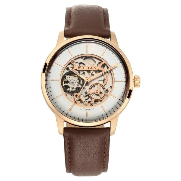 Titan Automatics Silver Dial Automatic Leather Strap watch for Men (NS90110WL03)
