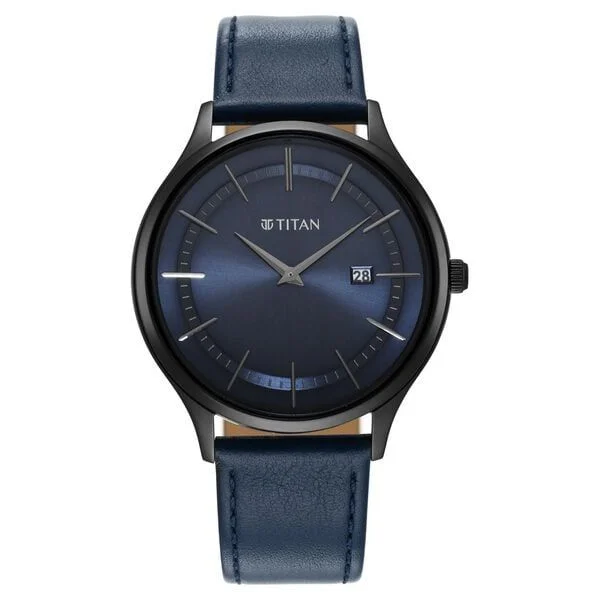 Titan Classique Slimline Blue Dial Analog with Date Leather Strap watch for Men (NS90142NL01)
