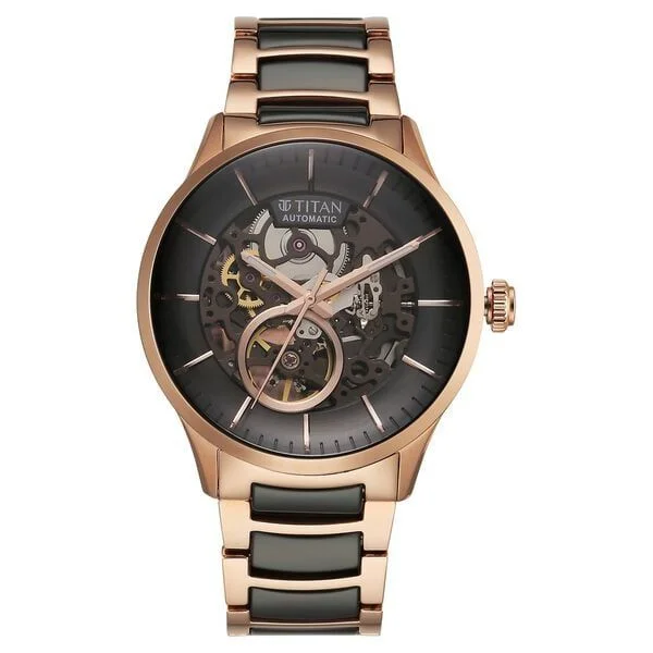 Titan Ceramic Fusion Automatic Black Dial Rose Gold Dual-Toned Stainless Steel Bracelet Watch for Men (90174KD03)