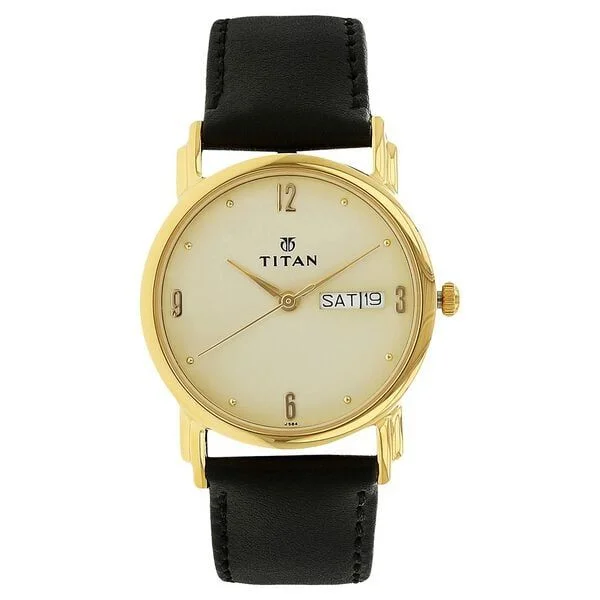 Titan Karishma Champagne Dial Analog with Day and Date Leather Strap watch for Men (NM1445YL05)