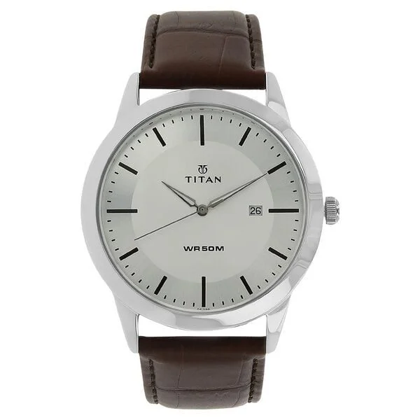 Titan Classic Silver Dial Analog with Date Leather Strap watch for Men (NS1584SL03)