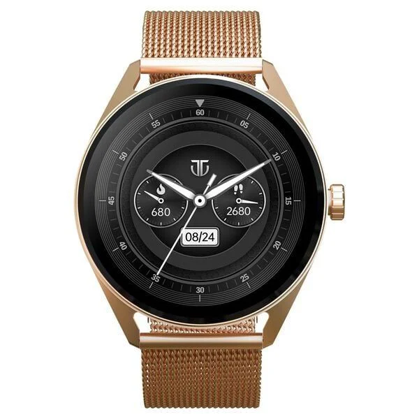 Titan Crest with 3.63 cm AMOLED Display and AOD, Functional Crown, BT Calling Smartwatch with Rose Gold Mesh Strap (90197AM02K)