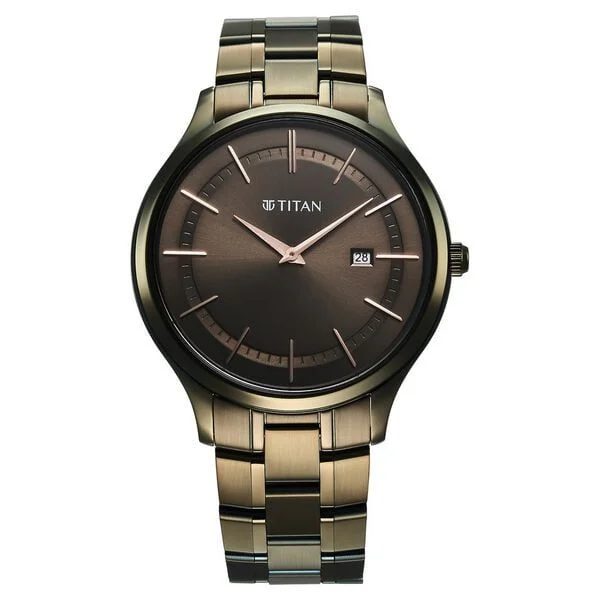 Titan Clasique Slim Quartz Analog with Date Brown Dial With Two Toned Color Stainless Steel Strap Watch For Men (90142QM07)