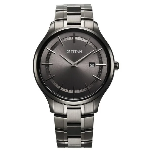 Titan Clasique Slim Quartz Analog with Date Grey Dial With Grey Color Stainless Steel Strap Watch For Men (90142QM06)