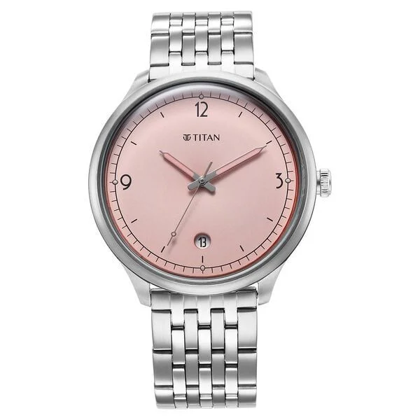 Titan Timeless Treasures Quartz Analog with Date Pink Dial With Silver Color Stainless Steel Strap Watch For Men (10023SM01)