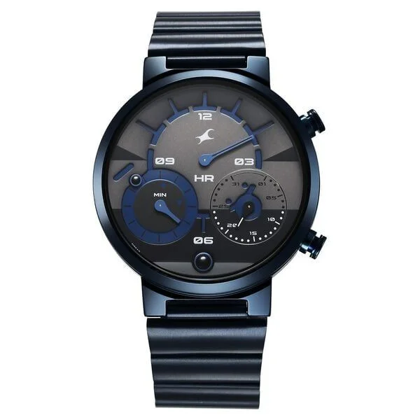 Fastrack Gambit Micromotor Black Dial Blue Metal Strap Analog Watch for Guys (3309QM01)