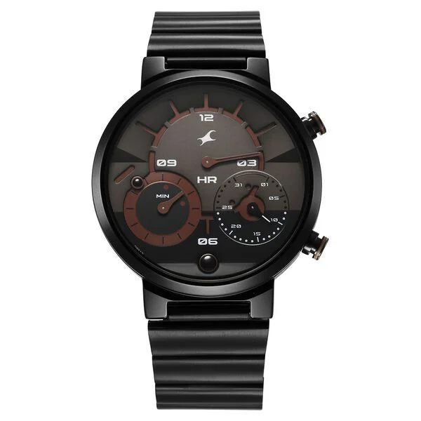 Fastrack Gambit Micromotor Black Dial Black Metal Strap Analog Watch for Guys (3309NM01)