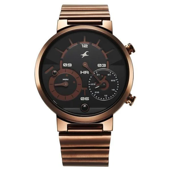 Fastrack Gambit Micromotor Black Dial Brown Metal Strap Analog Watch for Guys (3309QM02)