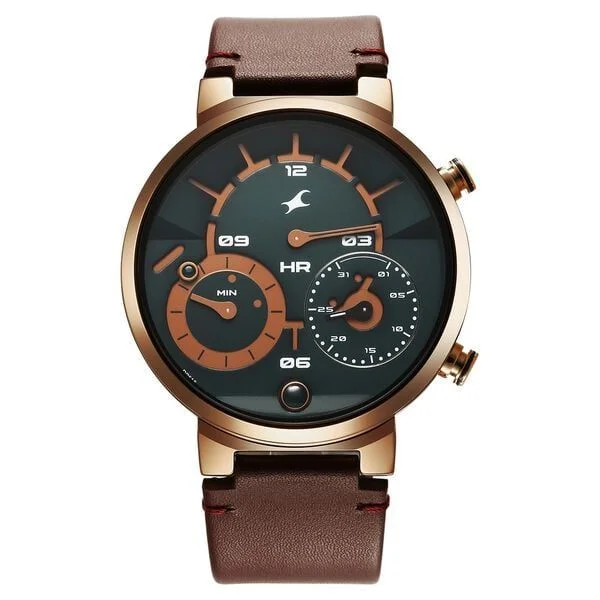 Fastrack Gambit Micromotor Green Dial Brown Leather Strap Analog Watch for Guys (3309QL01)