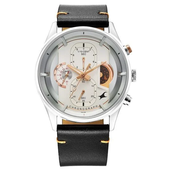 Fastrack Opulence Sun Moon Chronograph Silver Dial Black Leather Strap Analog Quartz Watch For Guys (3315KL02)