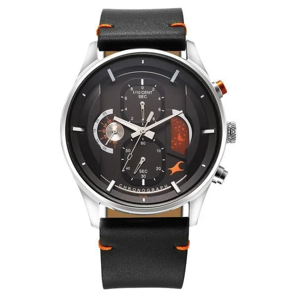 Fastrack Opulence Sun Moon Chronograph Black Dial Black Leather Strap Analog Quartz Watch For Guys (3315KL01)