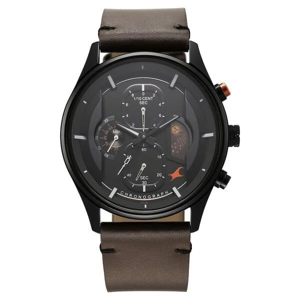 Fastrack Opulence Sun Moon Chronograph Black Dial Brown Leather Strap Analog Quartz Watch For Guys (3315KL03)